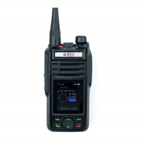 BTECH GMRS-PRO handheld radio with a color screen showing a compass and a GMRS channel.