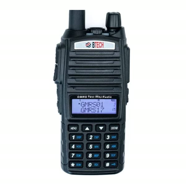 BTECH GMRS-V2 handheld radio with a keypad and a display showing two GMRS channels.