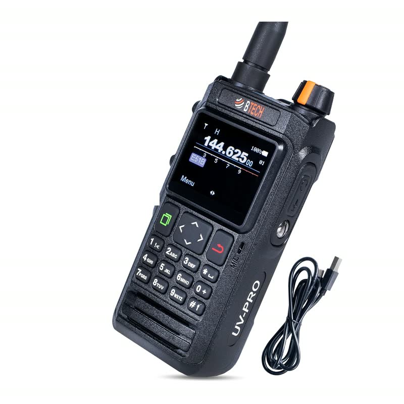 BTECH UV-PRO handheld radio with a color screen and keypad, and a charging cable.