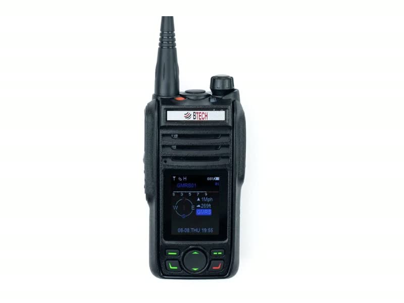 BTECH GMRS-PRO handheld radio with a color screen showing a compass and a GMRS channel.
